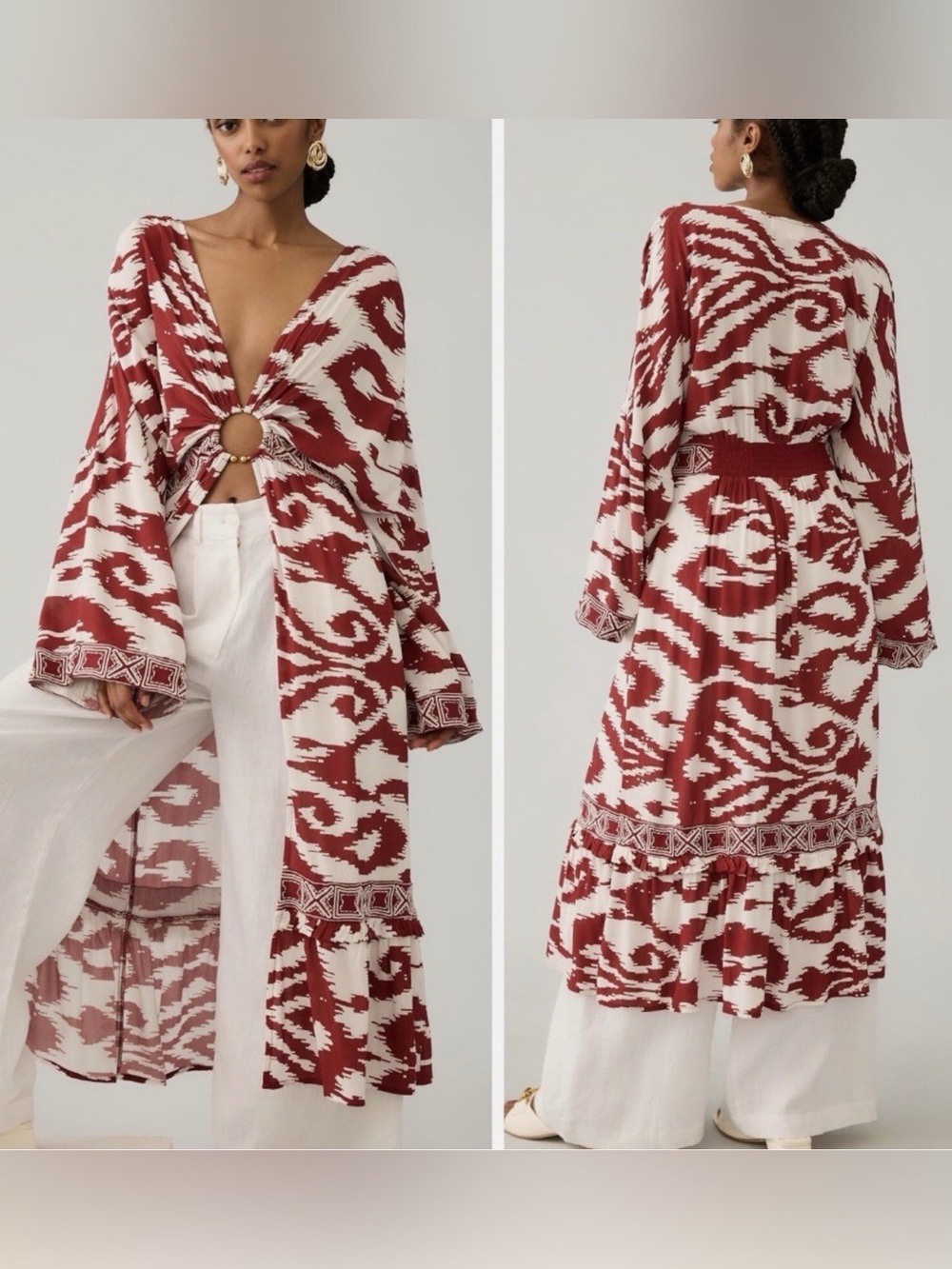 Kimono Anthropologie Burgundy and Cream Abstract Print Maxi Dress